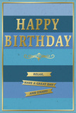 This birthday card is pictured as though resting on a polished sideboard in a Rayners Lane home, softly illuminated by natural light filtering through nearby windows. The design is built from broad, horizontal bands of blue that flow from deep navy and indigo at the base, into denim and teal, and finally into a pale, airy sky blue at the top, creating a quiet gradient that feels as peaceful as an early stroll through Roxbourne Park. Centered within this soothing field of colour, the words "HAPPY BIRTHDAY" rise in large, embossed gold capitals, their metallic finish catching highlights and shadows so that the greeting seems to gently glow. Just beneath sits an ornate golden flourish, with graceful curves that hint at classic stationery and time-honoured celebration. Below the flourish, three slender golden banners span the lower third of the card, each ribbon neatly inscribed with the friendly phrase, "Relax, have a great day and enjoy!" The raised gold foil on the text and banners provides a tactile contrast to the smooth, matte blue background, suggesting a slight texture you could feel with your fingertips. A narrow gold line frames the card all the way around, giving the composition a sense of order and completion. The overall mood is calm, polished, and warmly festive, ideal for pairing with fresh birthday flowers delivered in and around Rayners Lane to create a thoughtful, coordinated gesture that feels both modern and reassuringly classic.